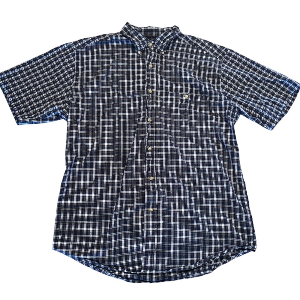Eddie Bauer Mens Medium Short Sleeve Button Down Shirt Navy Blue Plaid Cotton